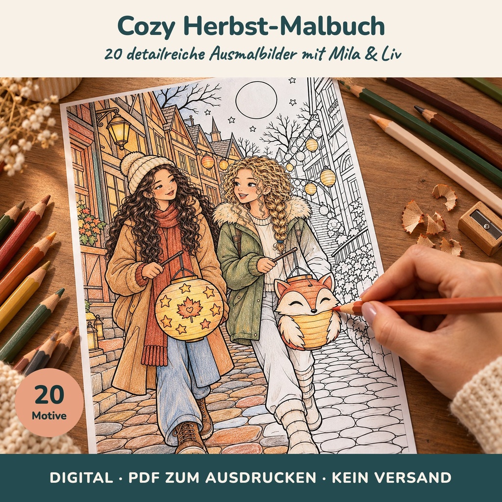 Cozy autumn colouring book – 20 printable pages with Mila & Liv (PDF)
