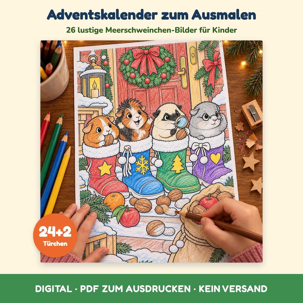 Adventskalender zum Ausmalen – 24+2 Türchen mit den Wirtschaftsschweinchen (PDF)