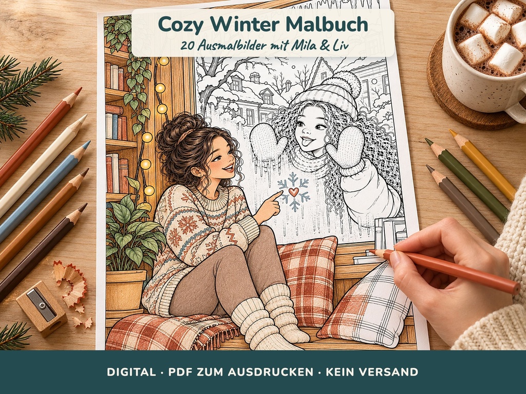 Cozy Winter – libro para colorear con Mila y Liv, 20 páginas (PDF)