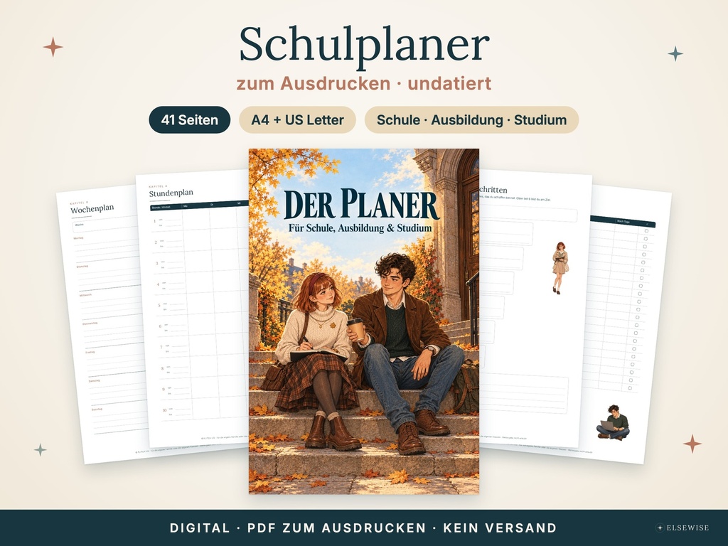 Undated school planner to print – ELSEWISE, German edition (PDF, A4 + US Letter)