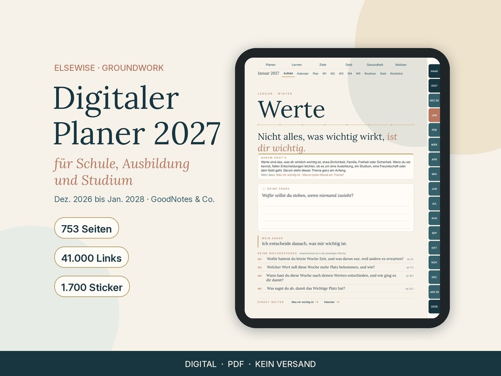 GROUNDWORK 2027 digital planner – ELSEWISE, German edition (hyperlinked, 1,700 stickers)
