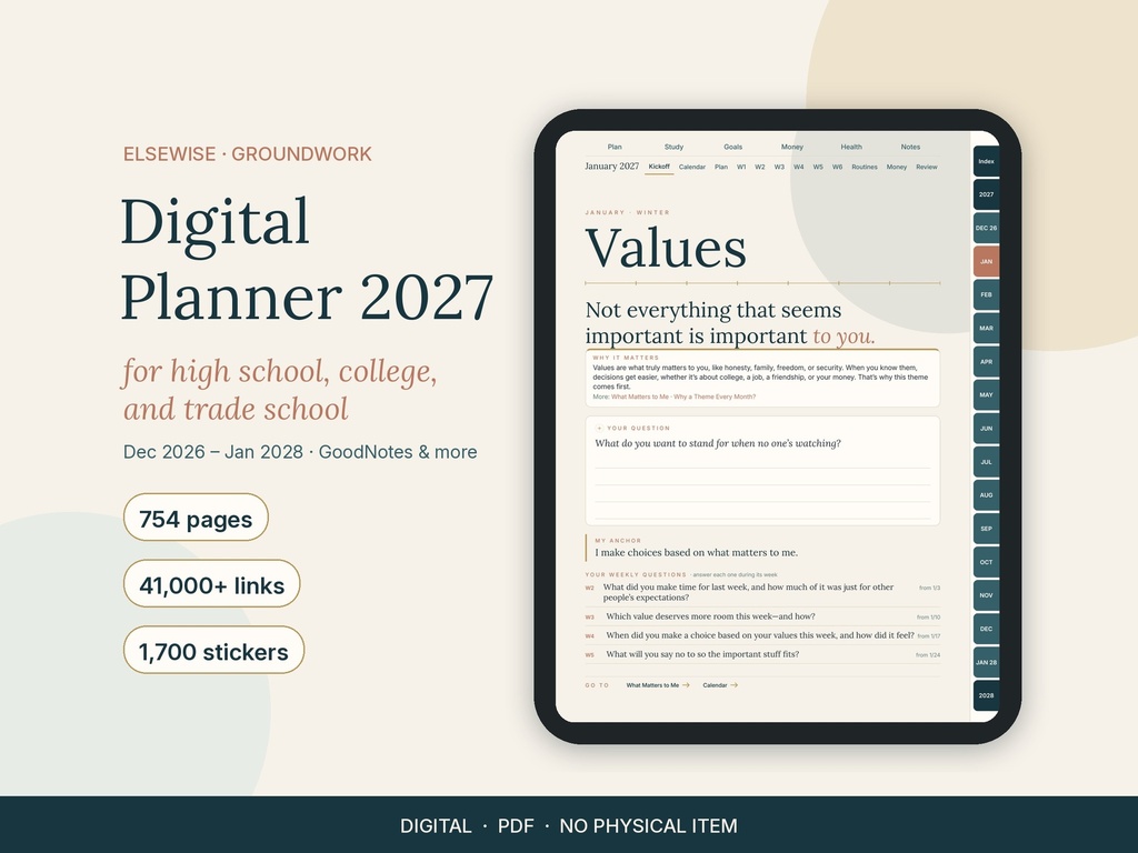 Agenda digital GROUNDWORK 2027 – ELSEWISE, edición estadounidense en inglés (enlazada, 1.700 pegatinas)