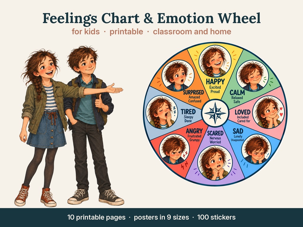 Feelings Compass – tabla y rueda de emociones para niños con Daria y Christian (en inglés, para imprimir)
