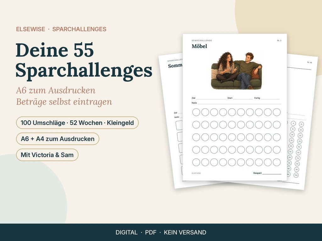 Sparchallenges zum Ausdrucken – 55 Spar-Challenges in A6 und A4 mit Victoria und Sam (ELSEWISE, PDF)